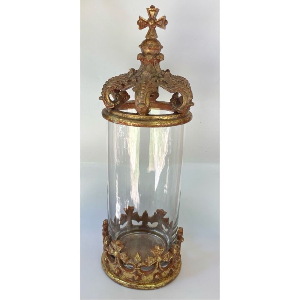 VNT  Mark Roberts Rustic Antique Gold Brushed Ornate Gold Glass Hurricane Vase